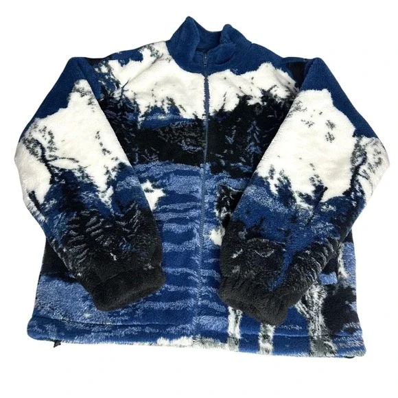 Zara Wolf Landscape Design‎ Borg Teddy Mock Neck Full Zip Fleece Jacket Size M - Picture 8 of 15